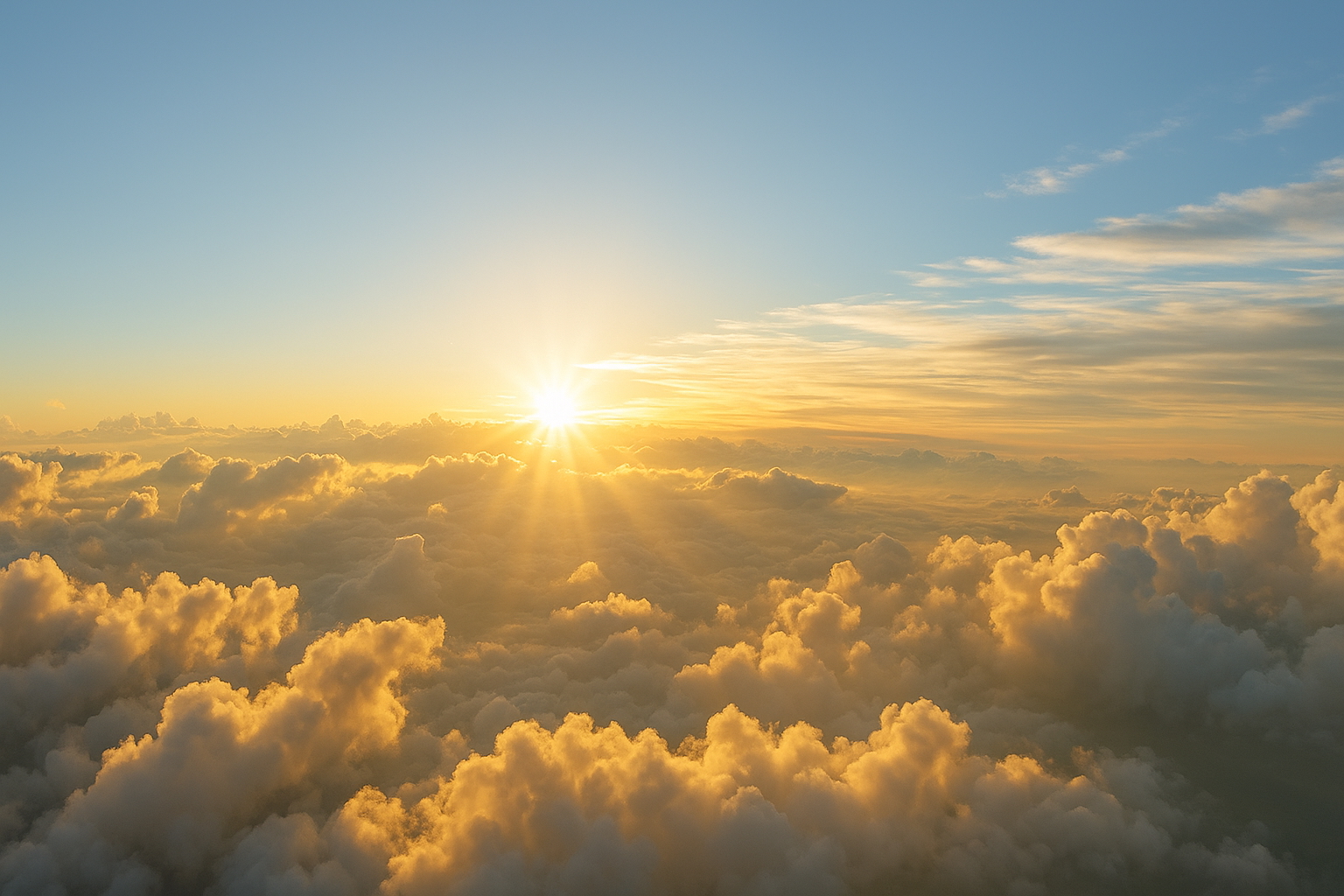 雲海の上に昇る朝日と広がる青空が、明るい未来と希望を象徴する風景